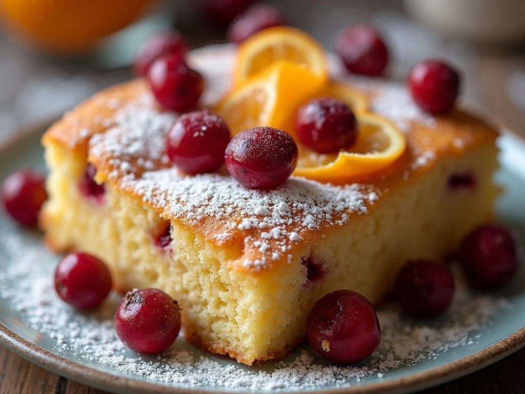Close-up of cranberry cake with orange zest and powdered sugar
