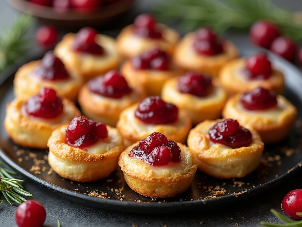 Golden cranberry Brie bites arranged on a serving platter