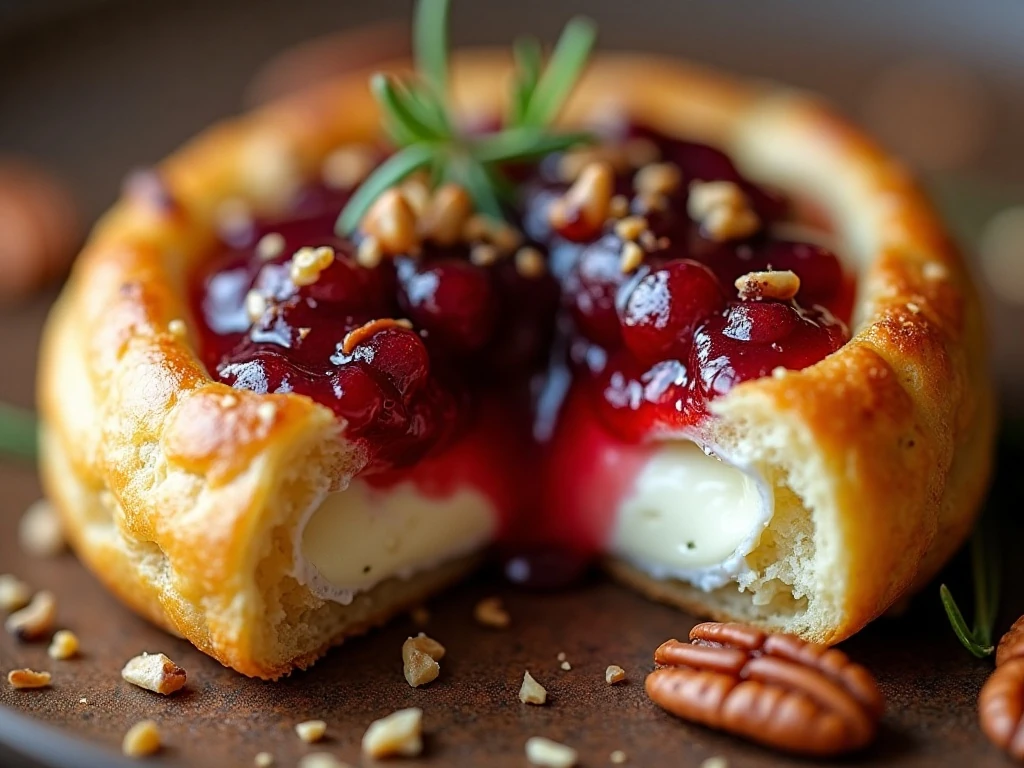 Close-up of melted Brie, cranberry sauce, pecans, and rosemary