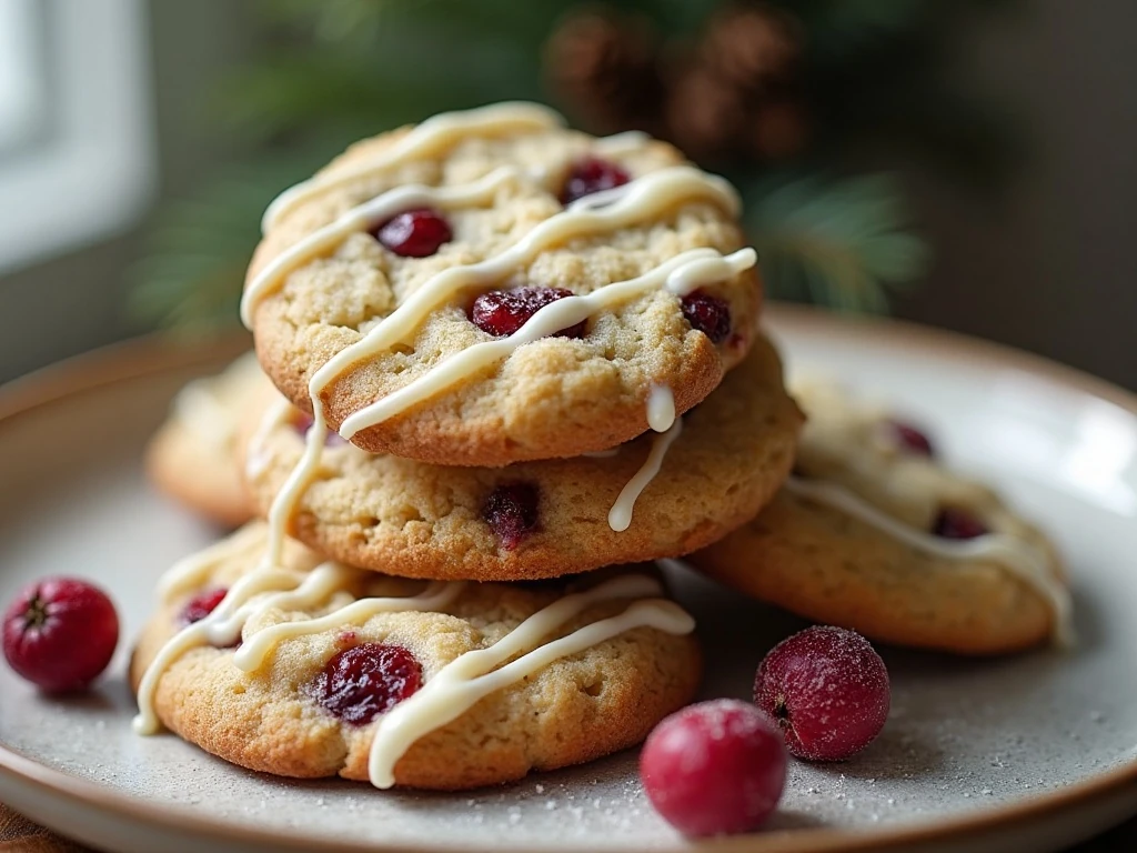 Stack of cranberry cookies with white chocolate drizzle