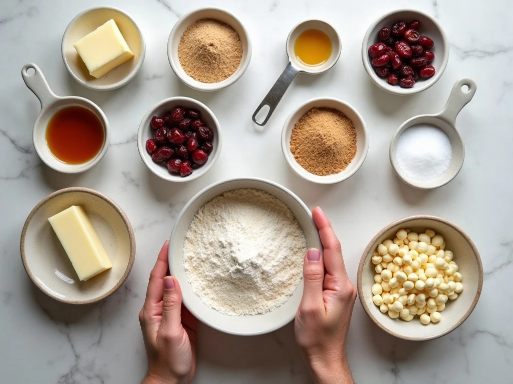 Ingredients for cranberry cookies with white chocolate drizzle