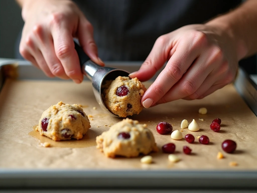 Portioning cranberry white chocolate cookie dough