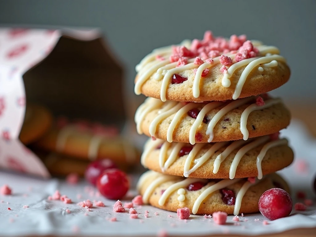 Stored cranberry cookies with white chocolate drizzle