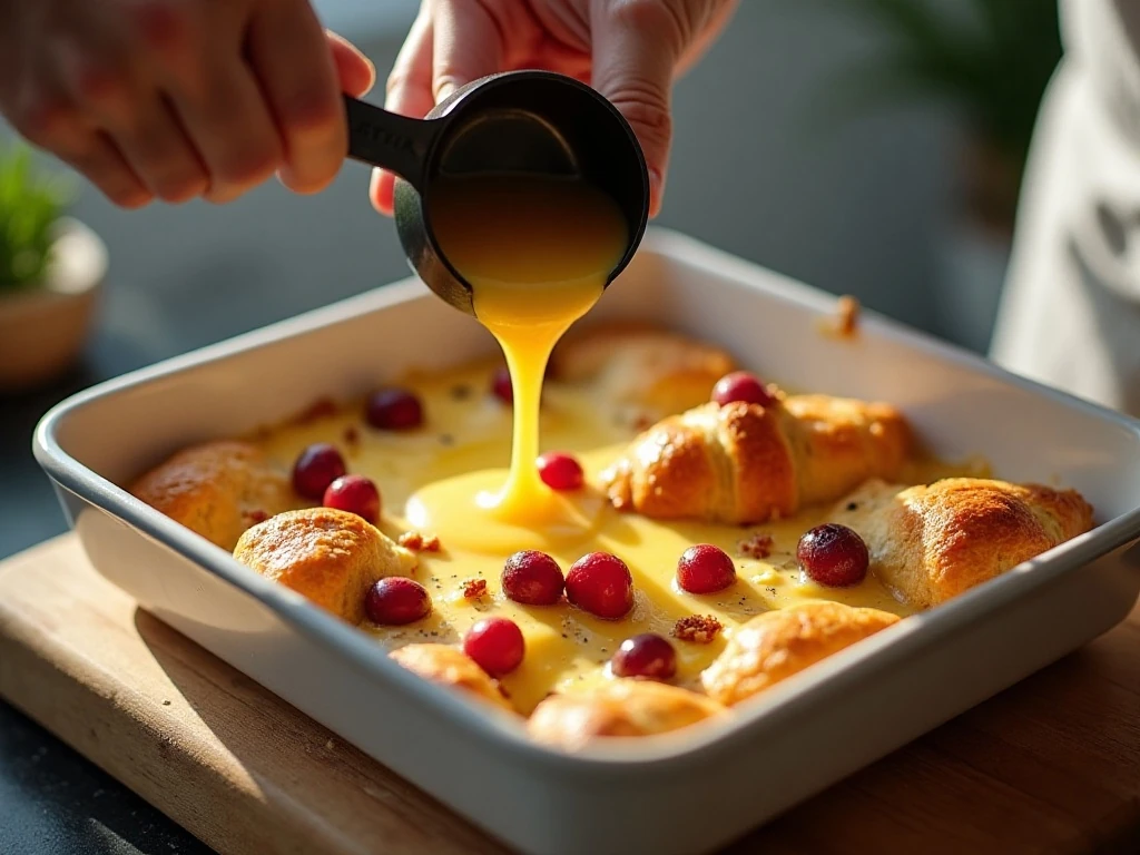Pouring orange custard over croissants and cranberries