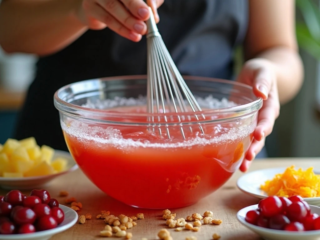 Whisking raspberry gelatin with boiling water for cranberry salad