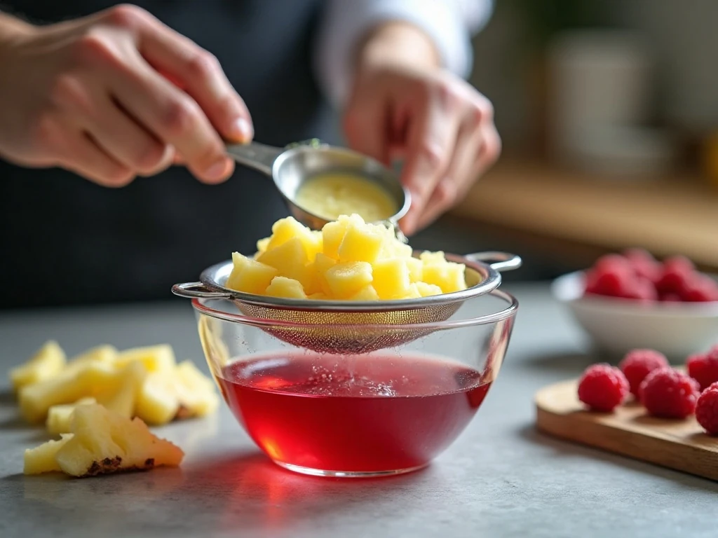 Crushed pineapple draining before being added to gelatin salad