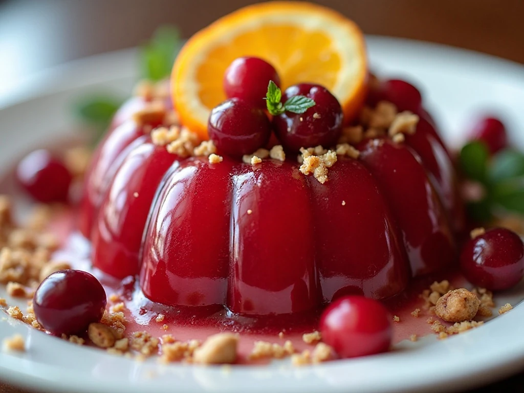 Unmolded cranberry Jello salad garnished with cranberries and orange