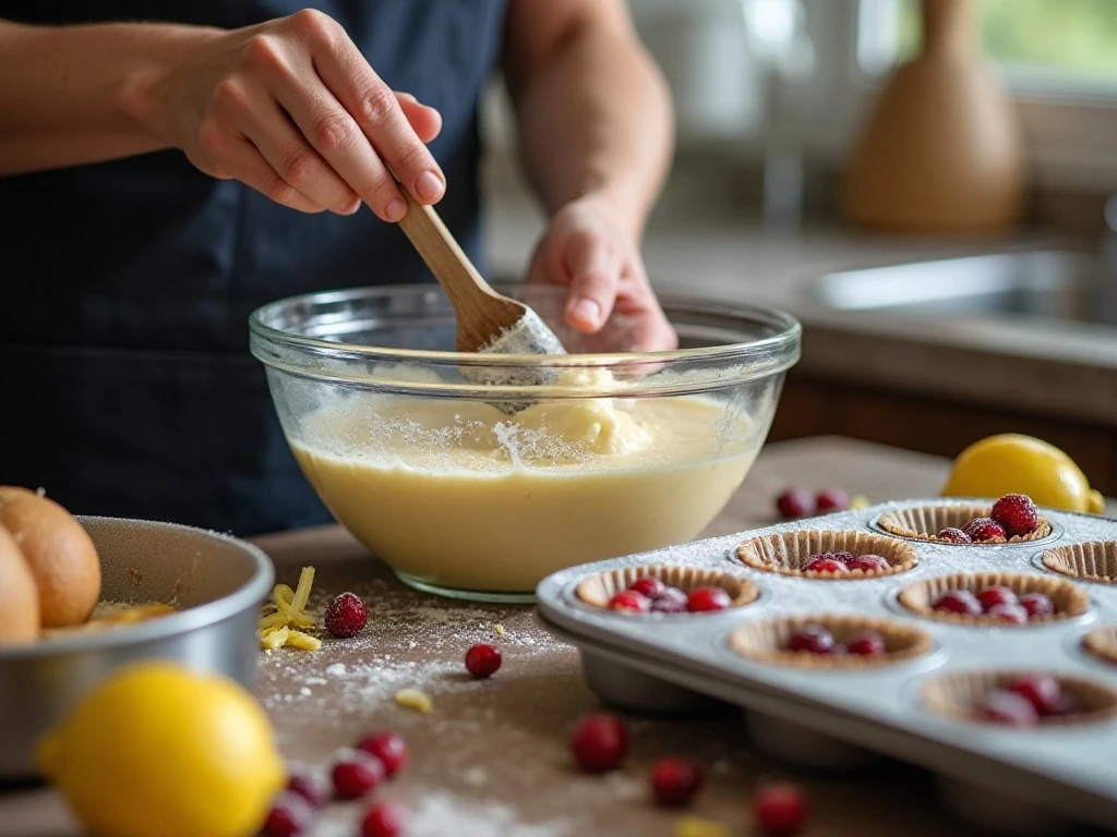 Folding cranberries into lemon muffin batter