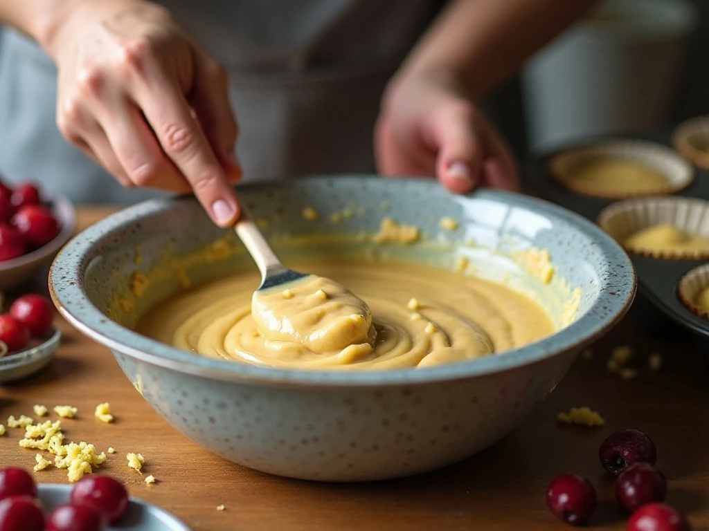 Muffin batter with cranberries and lemon zest