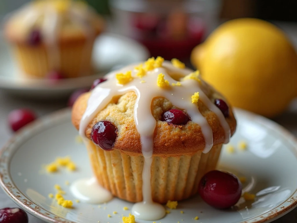 Glazed cranberry lemon muffin with lemon zest