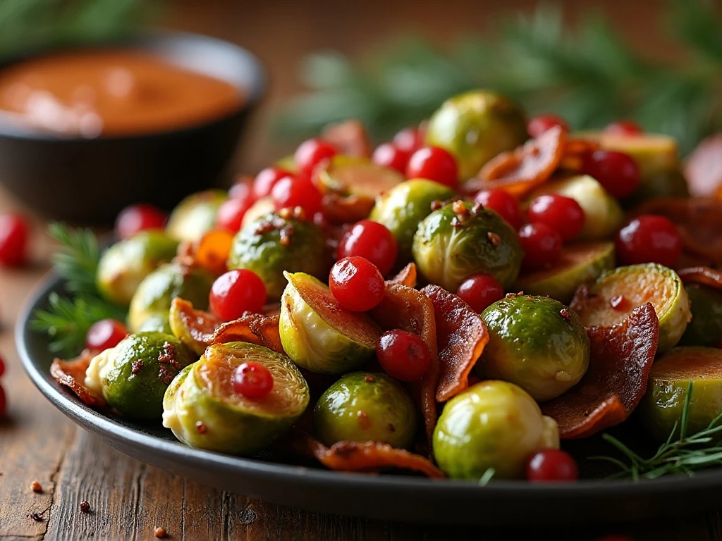 Platter of roasted cranberry maple bacon Brussels sprouts with crisp bacon