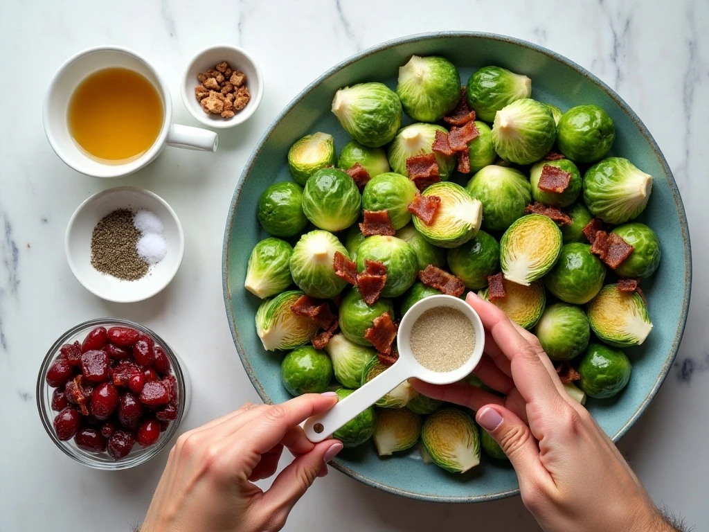 Ingredients for cranberry maple bacon Brussels sprouts