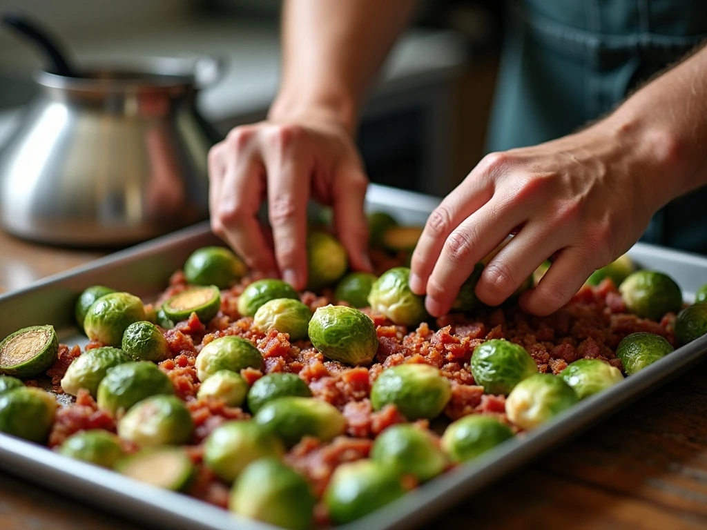 Brussels sprouts and bacon arranged on a baking sheet for roasting