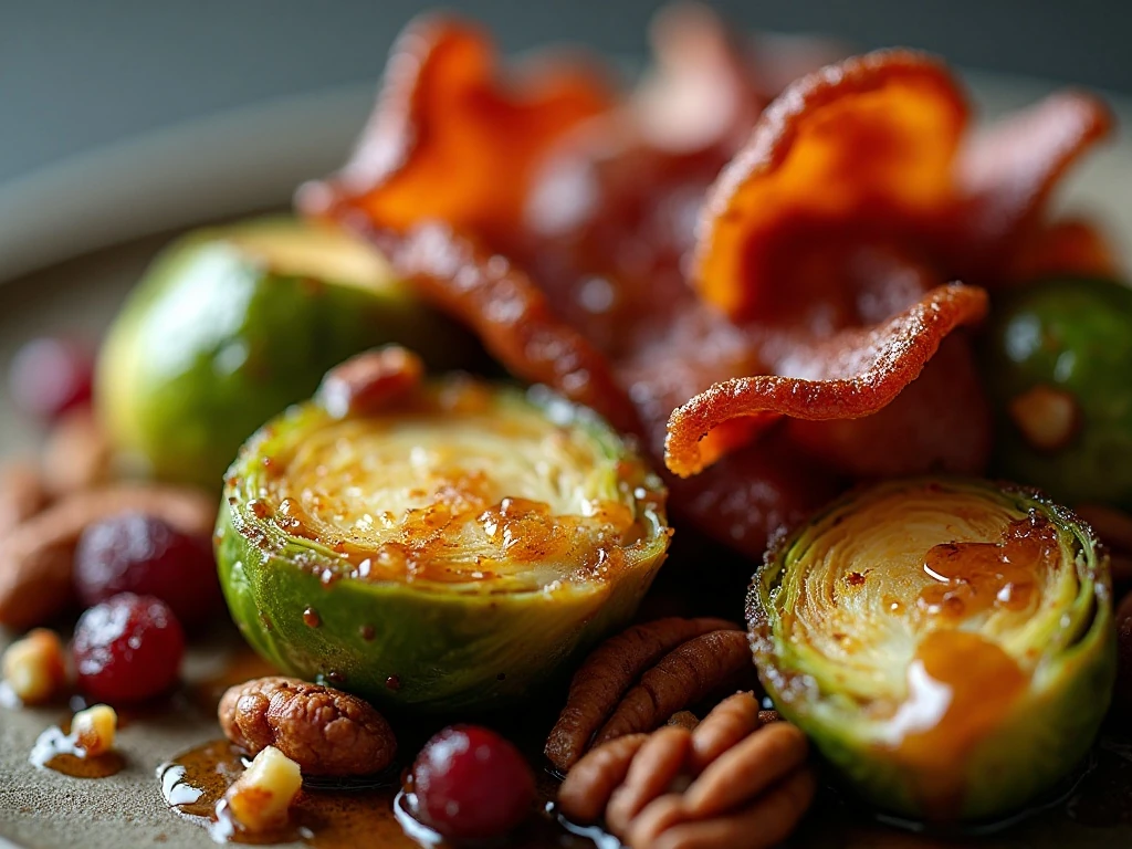 Close-up of browned Brussels sprouts with bacon, cranberries, and pecans
