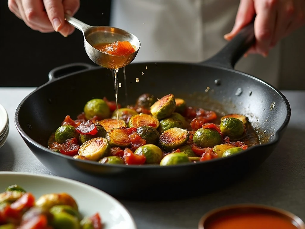 Reheating cranberry maple bacon Brussels sprouts in a skillet