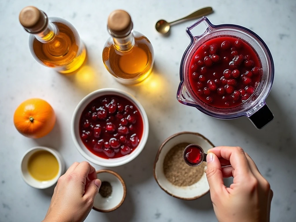Ingredients for easy cranberry maple vinaigrette arranged on a counter