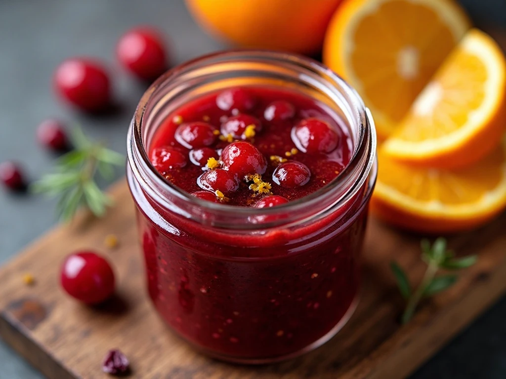 Close-up of cranberry maple vinaigrette with orange zest