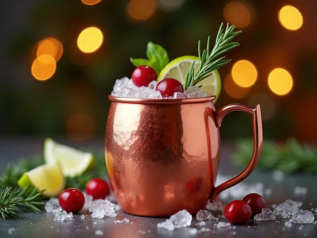 Festive cranberry Moscow mule in a copper mug with cranberries, lime, and rosemary