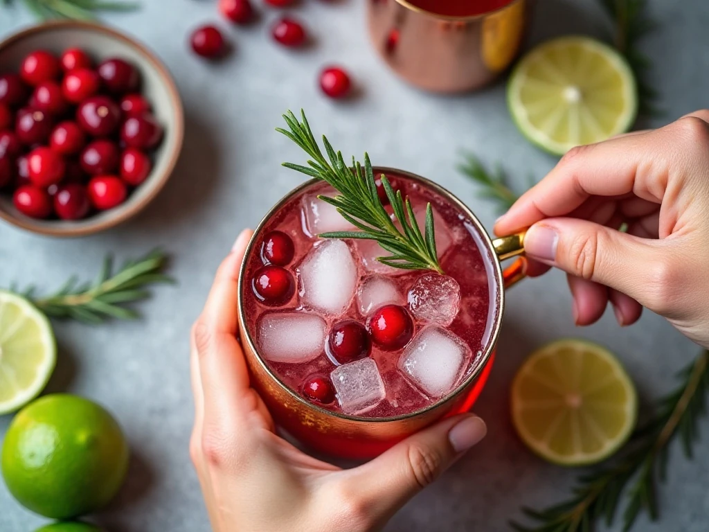 Ingredients for a cranberry Moscow mule cocktail