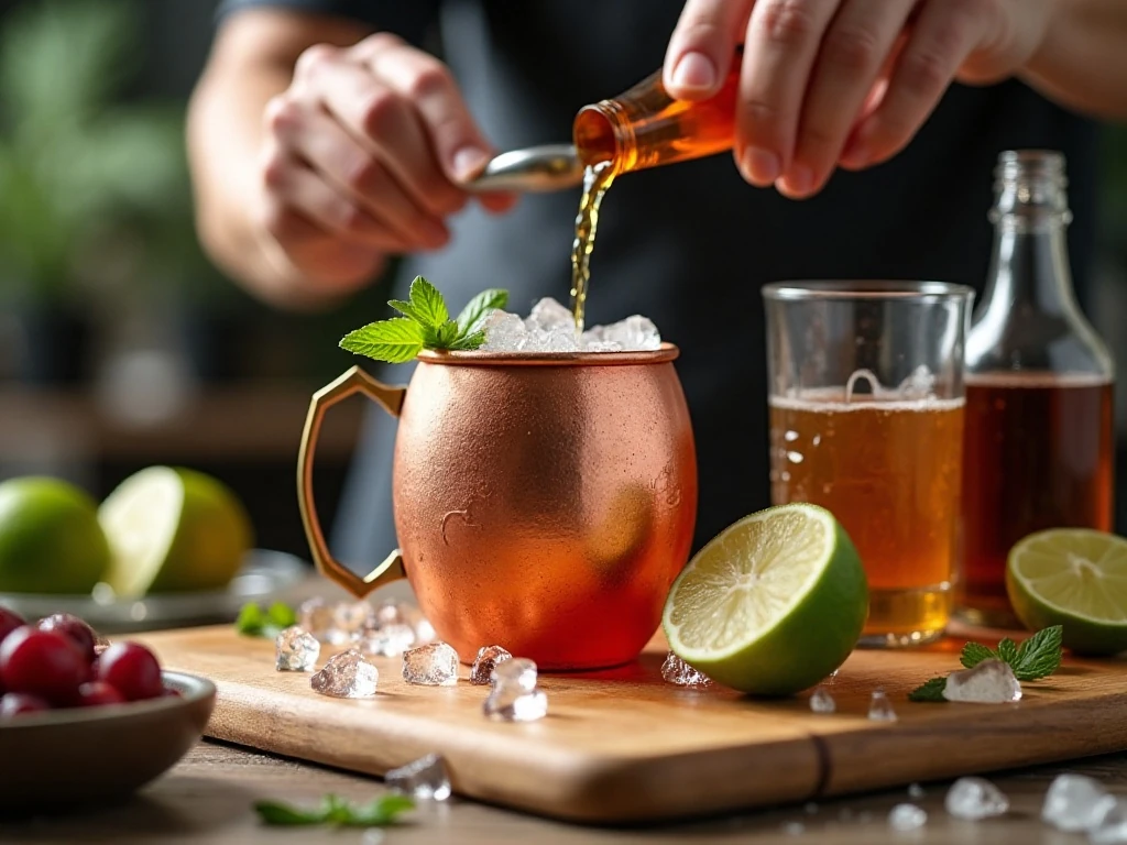 Making a festive cranberry Moscow mule over ice