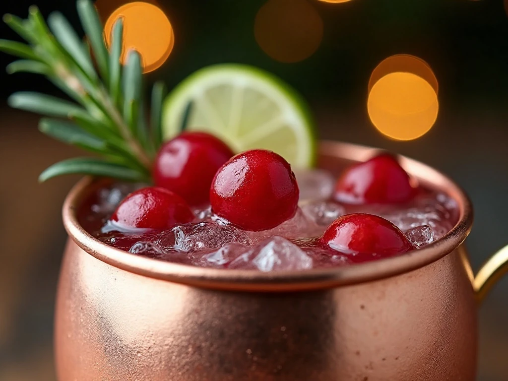 Cranberries, lime, and rosemary garnish on a Moscow mule