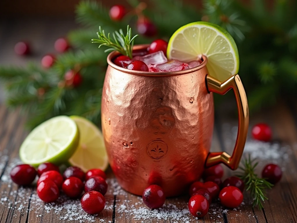Finished festive cranberry Moscow mule cocktail
