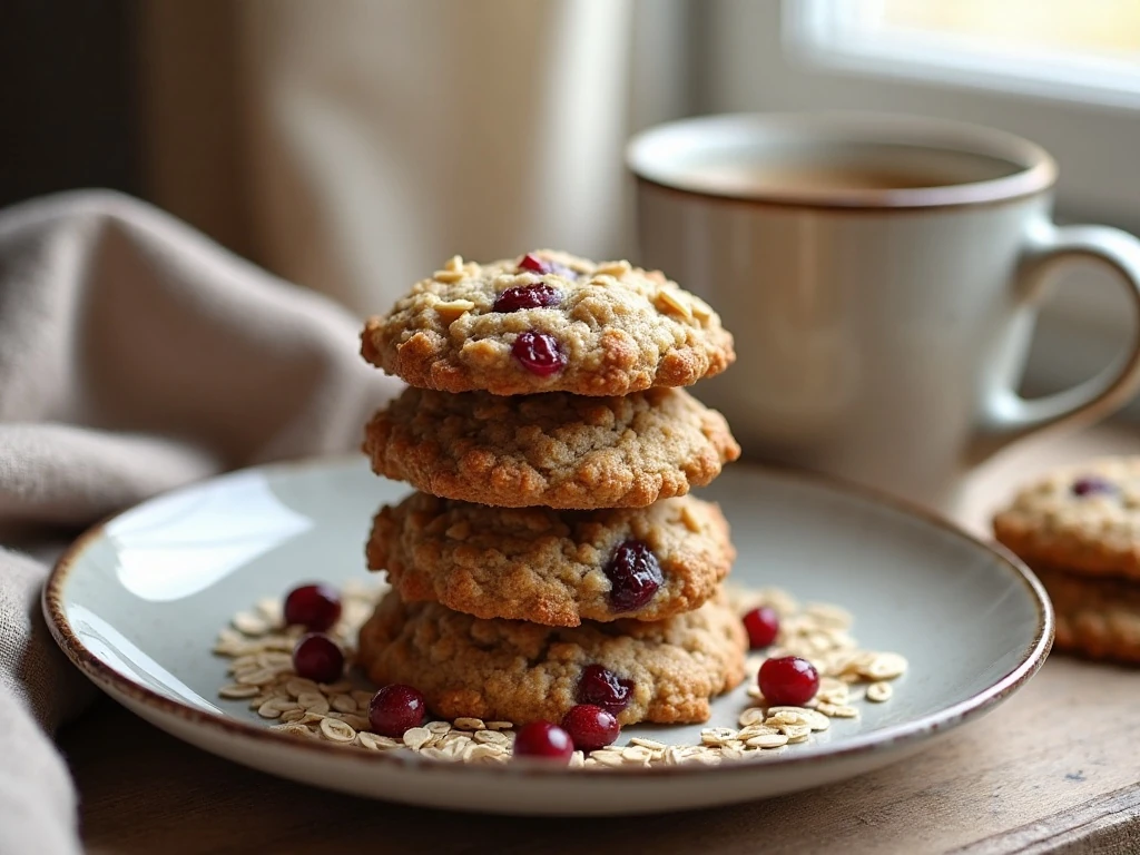 Stack of soft and chewy cranberry oatmeal cookies served with coffee