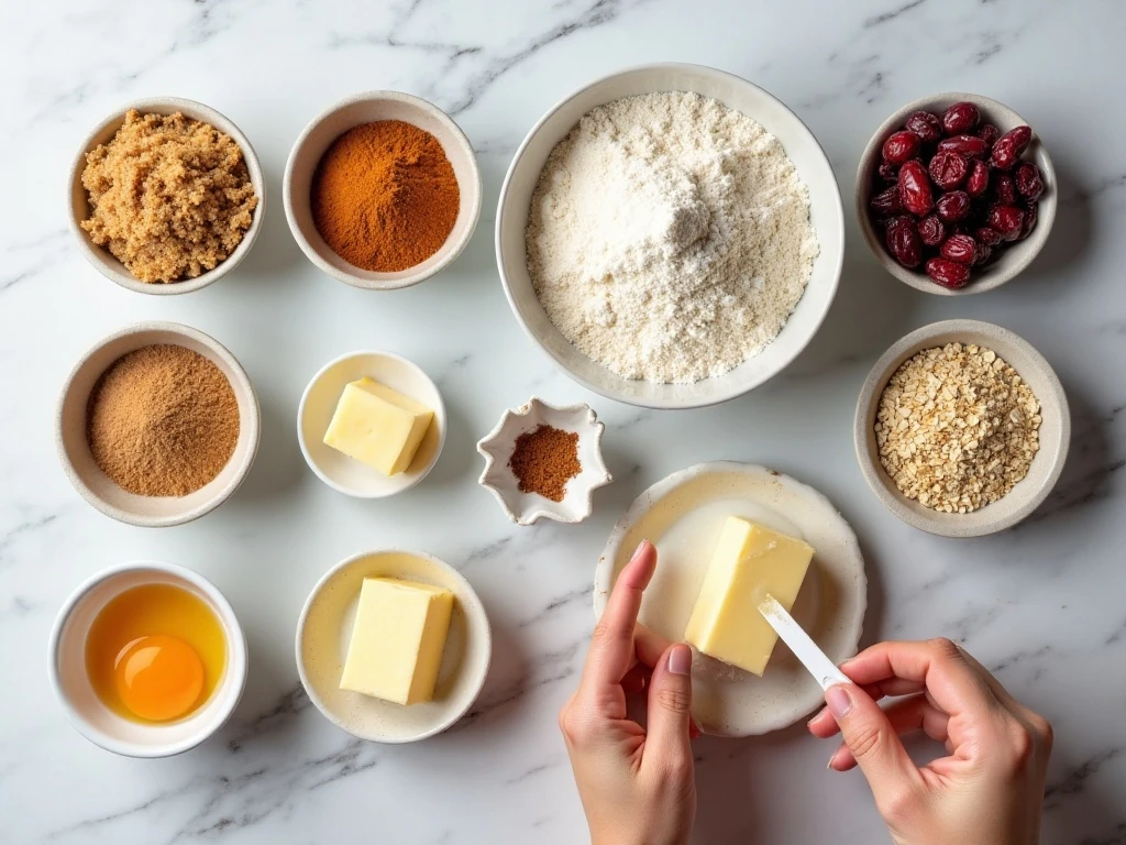 Ingredients for soft cranberry oatmeal cookies arranged on a countertop