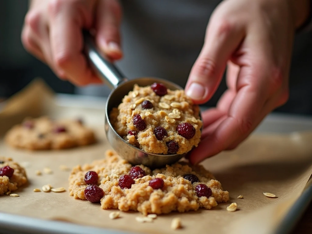 Portioning cranberry oatmeal cookie dough onto a lined baking sheet