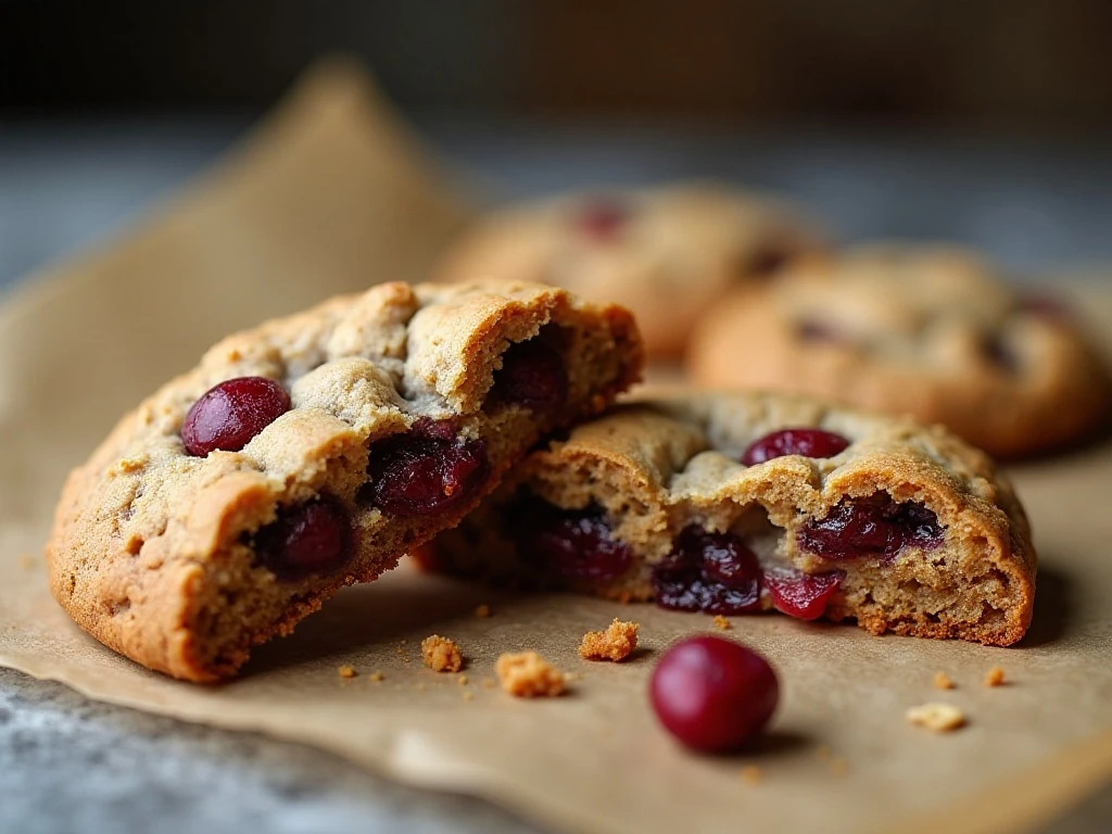 Close-up showing the soft chewy center of a cranberry oatmeal cookie