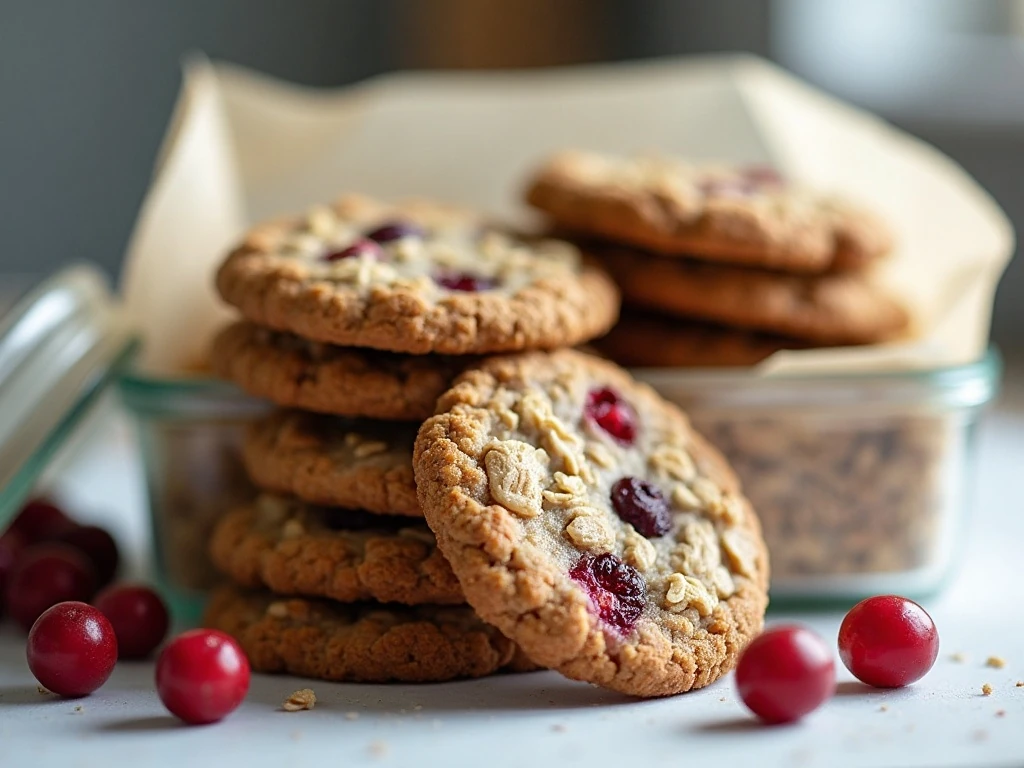 Cranberry oatmeal cookies stored in an airtight container