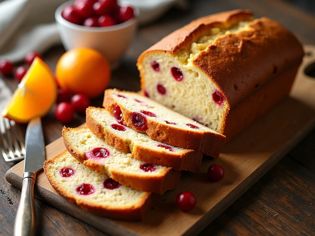 Sliced cranberry orange bread loaf with fresh cranberries