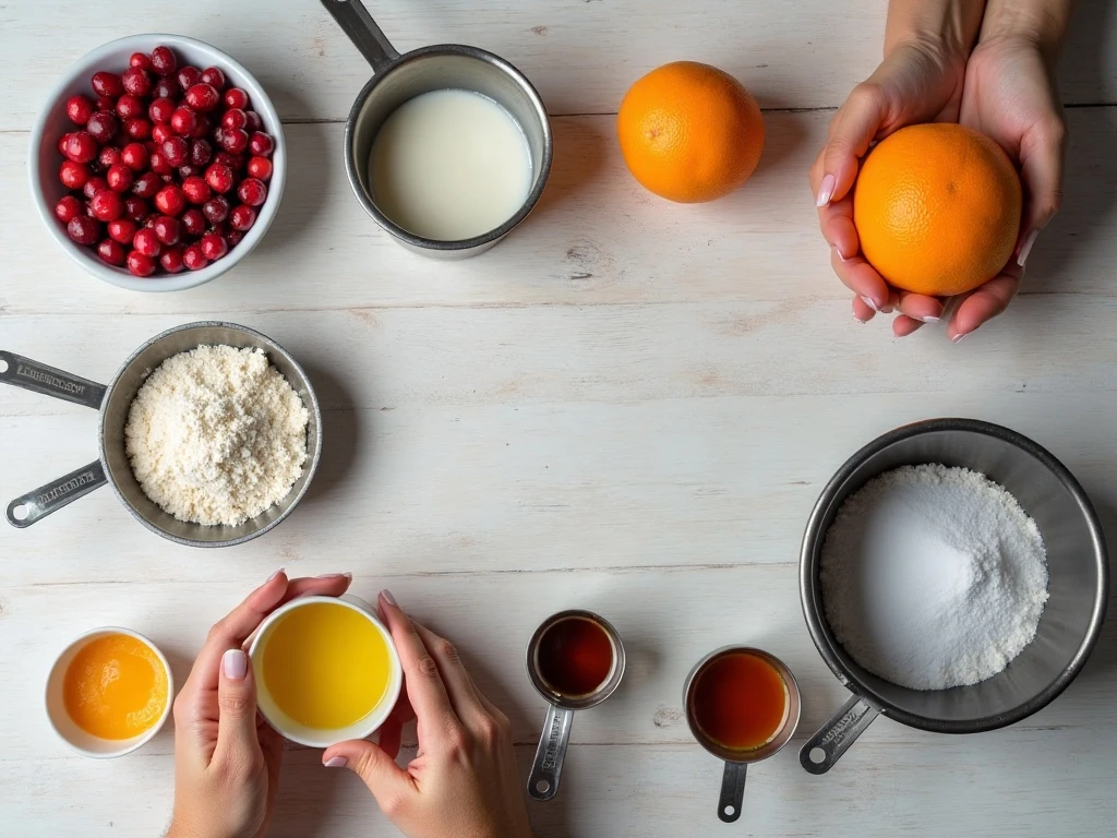 Ingredients for cranberry orange bread arranged on a counter