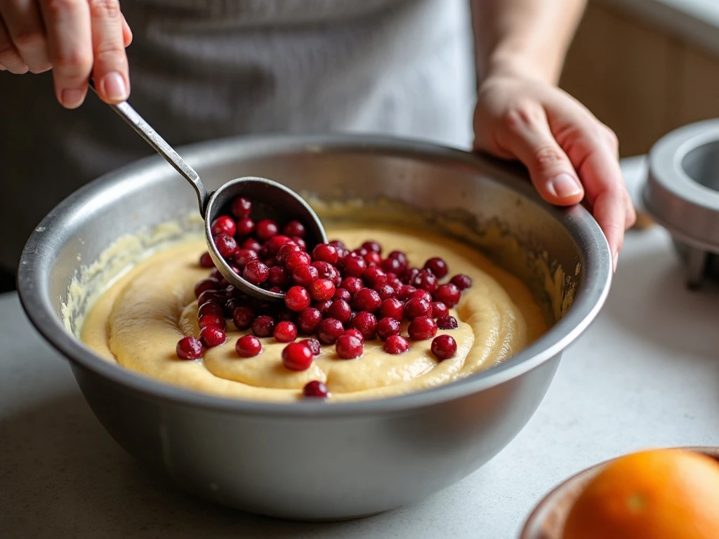 Folding fresh cranberries into cranberry orange bread batter