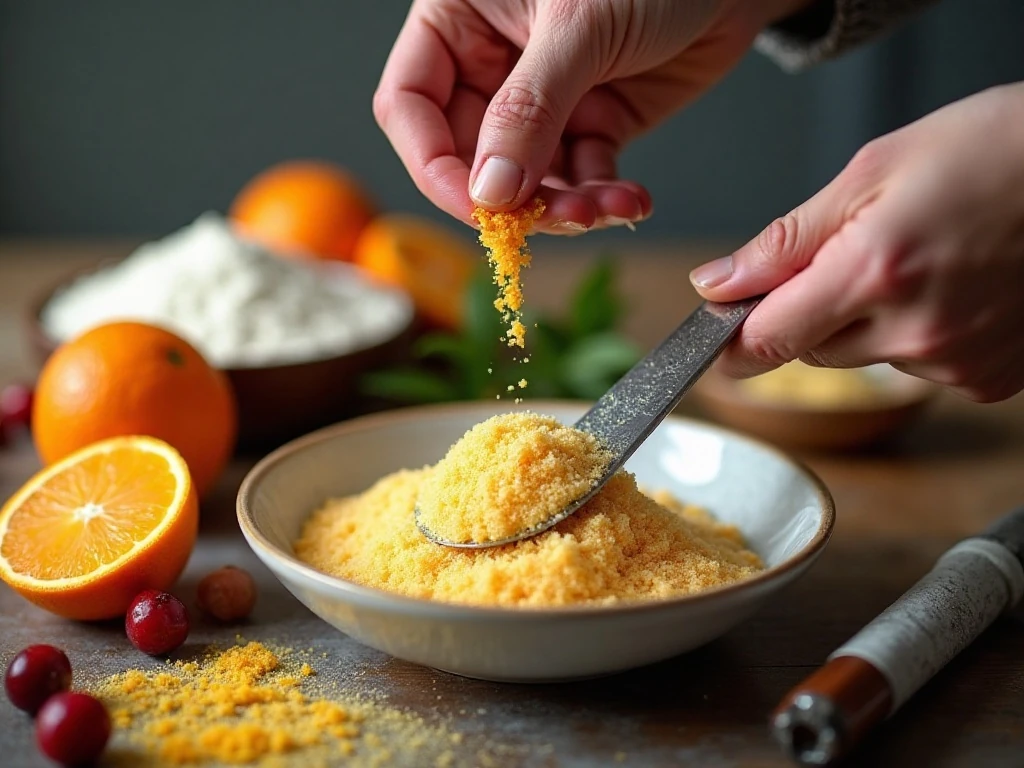Rubbing orange zest into sugar for cranberry orange bread
