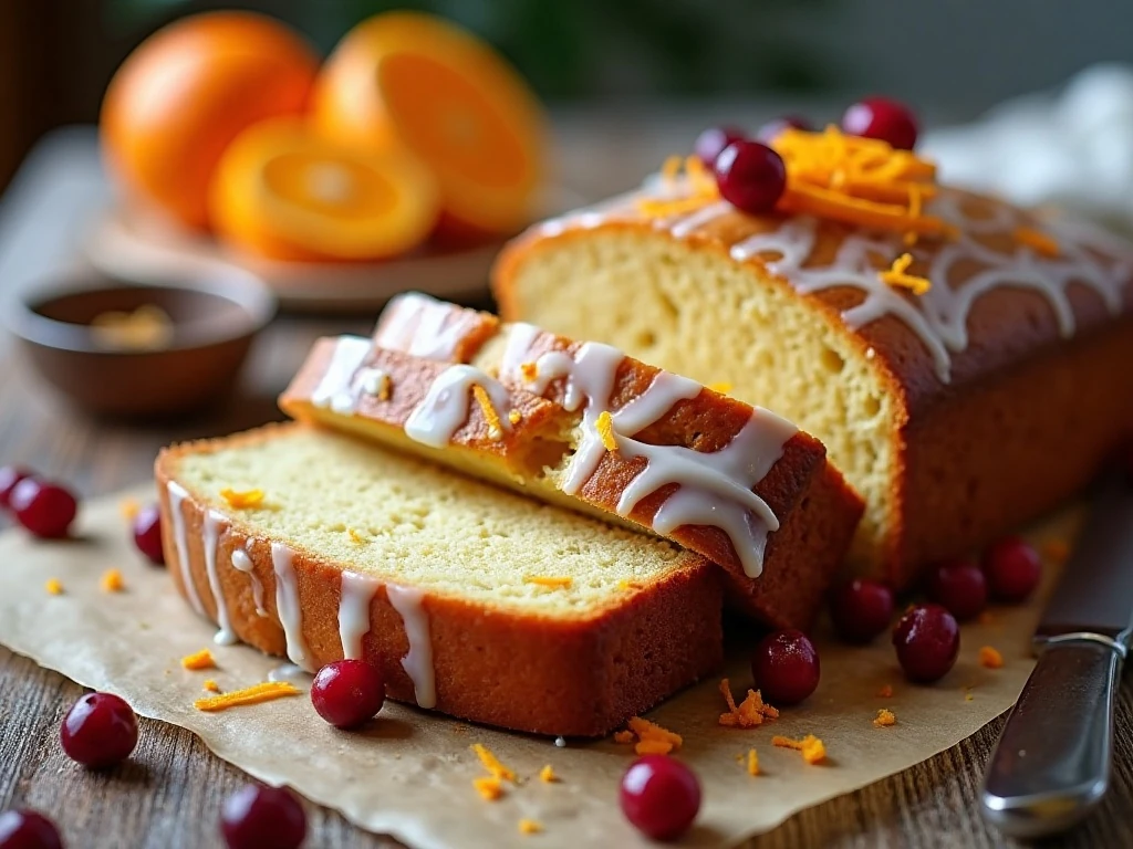 Orange glazed cranberry bread garnished with cranberries and orange zest