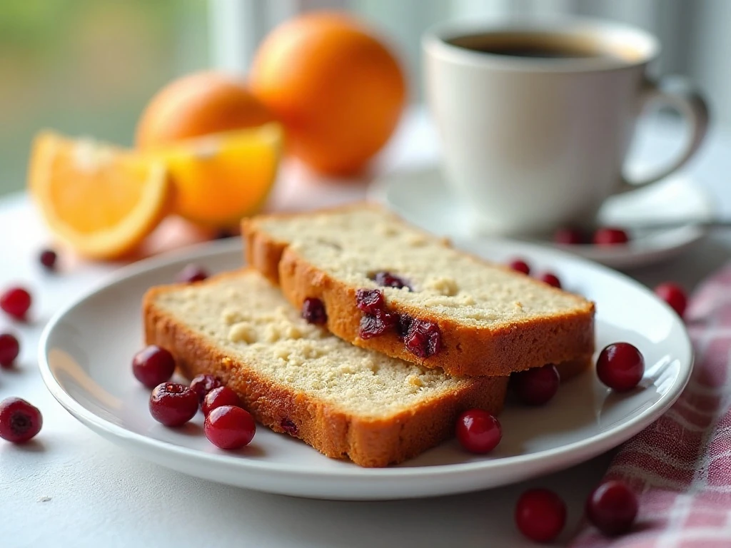 Cranberry orange bread slices served with coffee