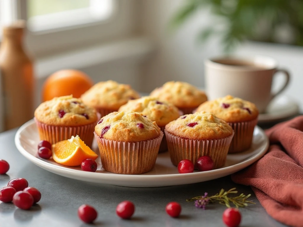 Tall cranberry orange muffins arranged for breakfast