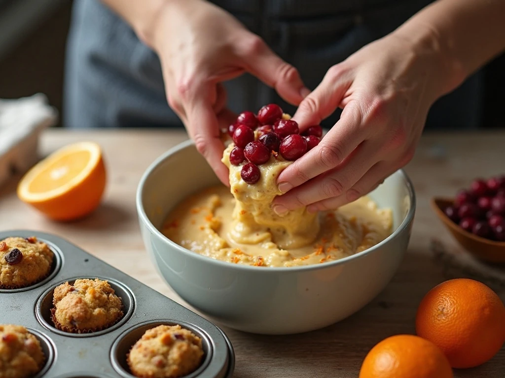 Folding cranberries into orange muffin batter