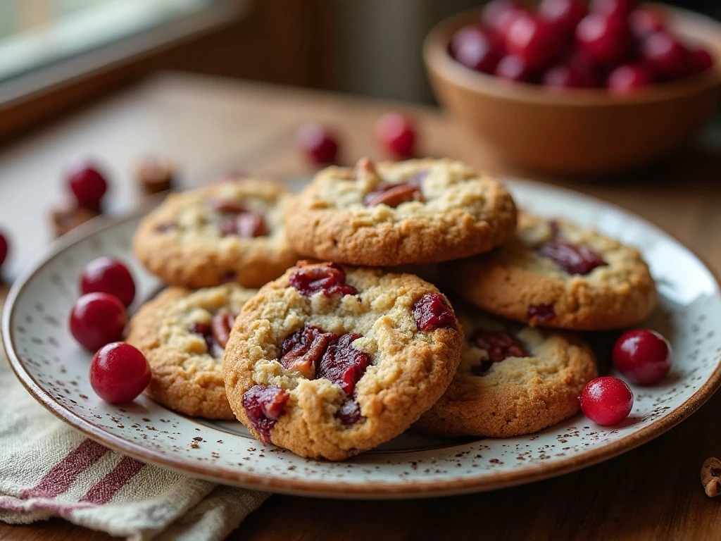 Stack of chewy cranberry pecan oatmeal cookies on a plate