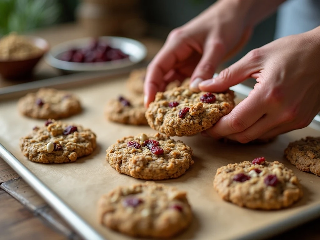 Portioning cranberry pecan oatmeal cookie dough onto a baking sheet