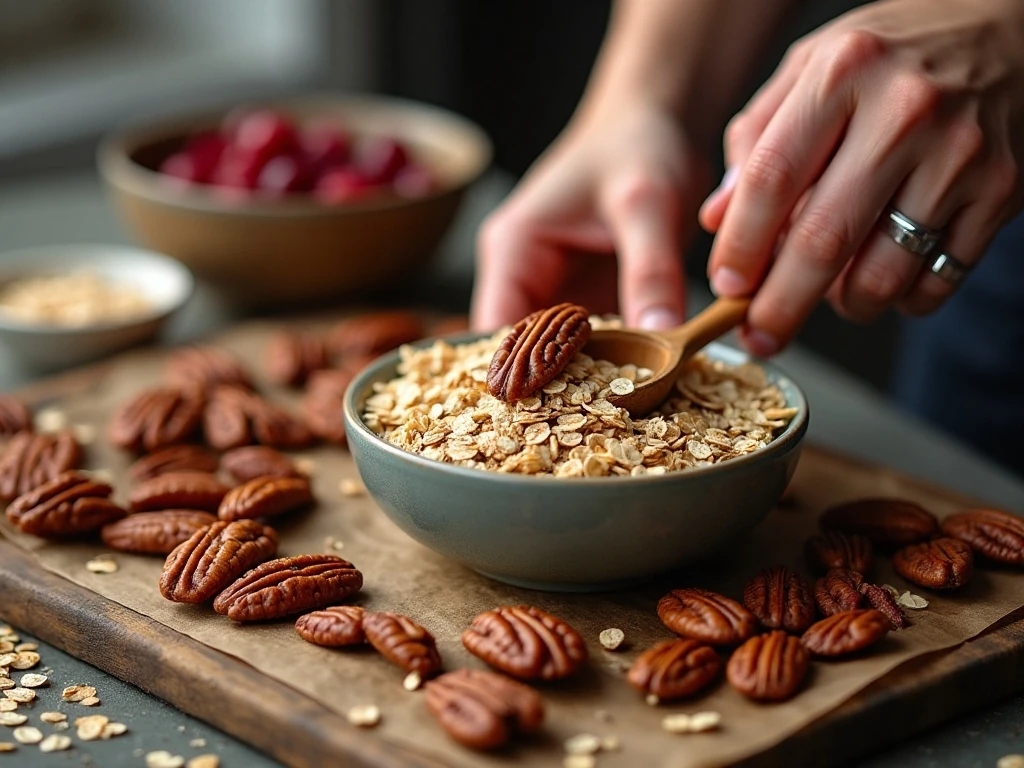 Toasted pecans and rolled oats for cranberry oatmeal cookies