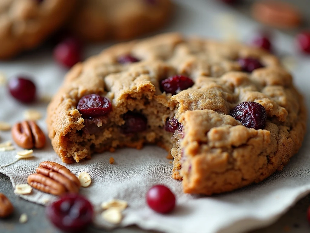 Soft cranberry pecan oatmeal cookie with cranberries, pecans, and oats
