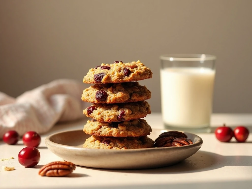 Finished cranberry pecan oatmeal cookies served with milk
