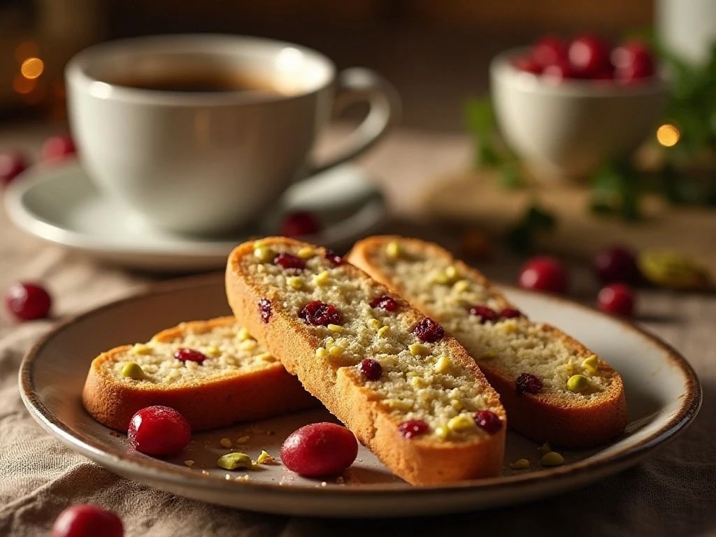 Cranberry pistachio biscotti arranged beside coffee