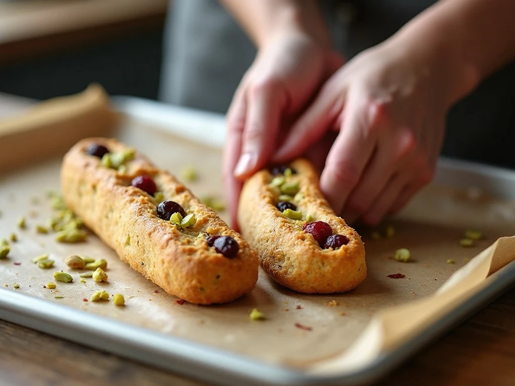 Shaping cranberry pistachio biscotti dough logs