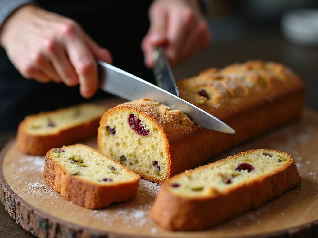 Slicing baked biscotti logs with a serrated knife