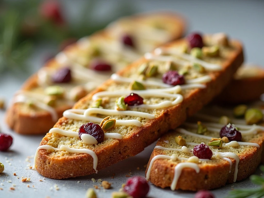 White chocolate drizzled cranberry pistachio biscotti