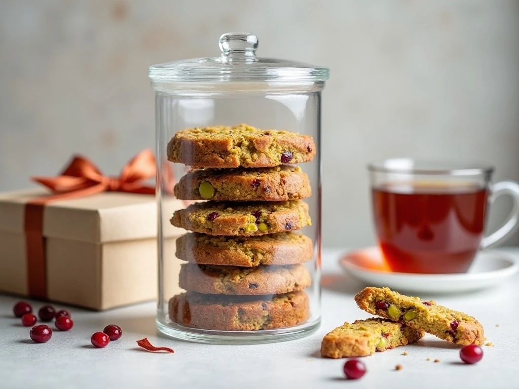Cranberry pistachio biscotti stored for gifting