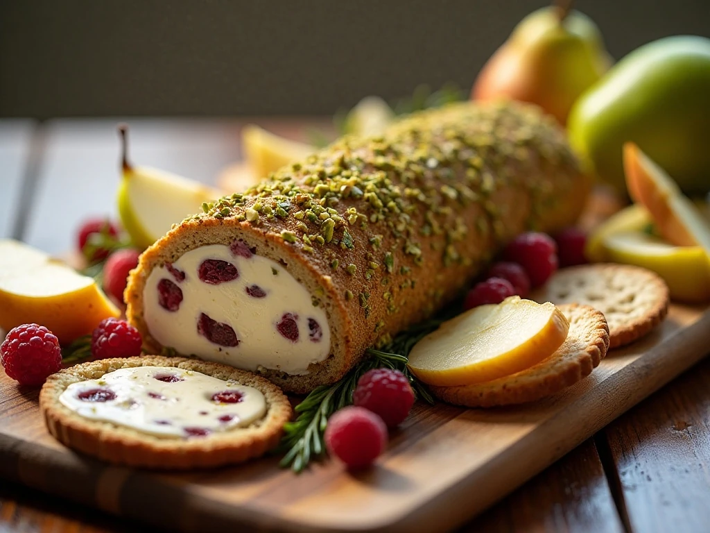 Cranberry pistachio cheese log served with crackers and fruit